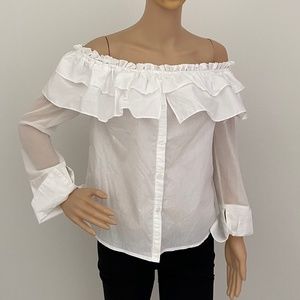 Jealous Tomato White Button-front Off Shoulder Ruffle Sheer Blouse Size S